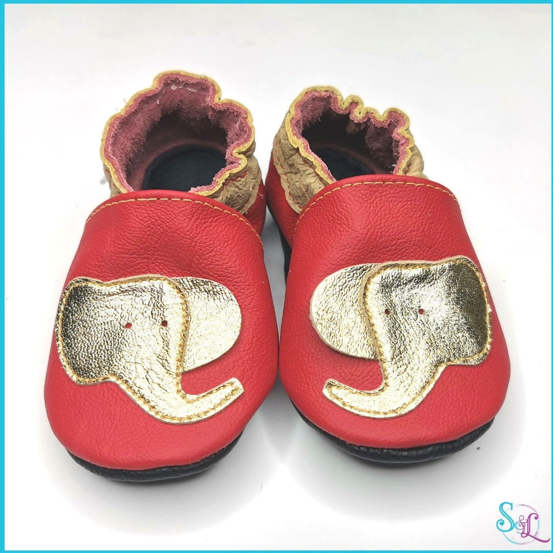 Baby Chausson Cuir Souple, Éléphant Rouge